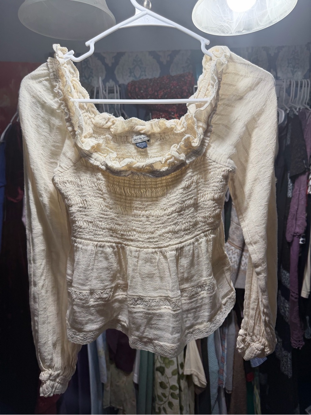 American Eagle Outfitters Cream Ruffled Square-Neck Peasant Blouse